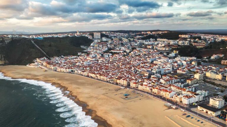 Aerial view of the vast beach of Nazare