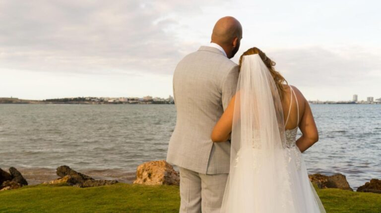 A newly wed admiring the view in Puerto Rico
