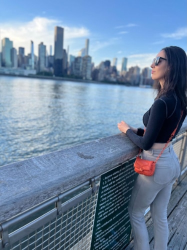 Niamh Hayes admiring the view in Long Island City, NYC, New York