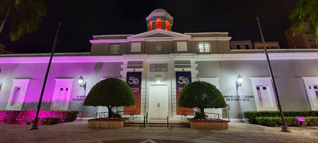Panoramic view of the tourism building in Old San Juan at night