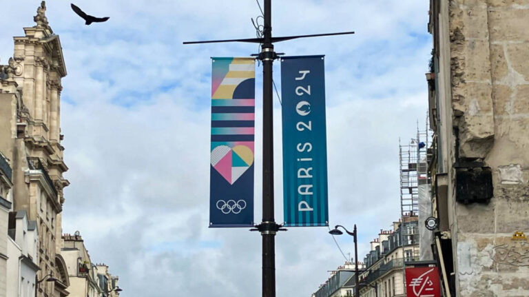 View of the 2024 Paris Olympics banners on the lamp posts