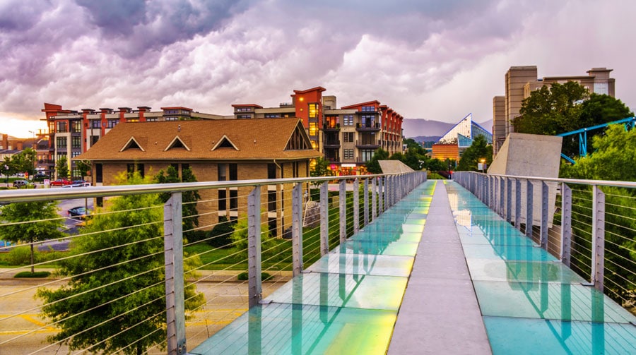 View of the colorful Pedestrian Bridge in Chattanooga and the neighborhood around it