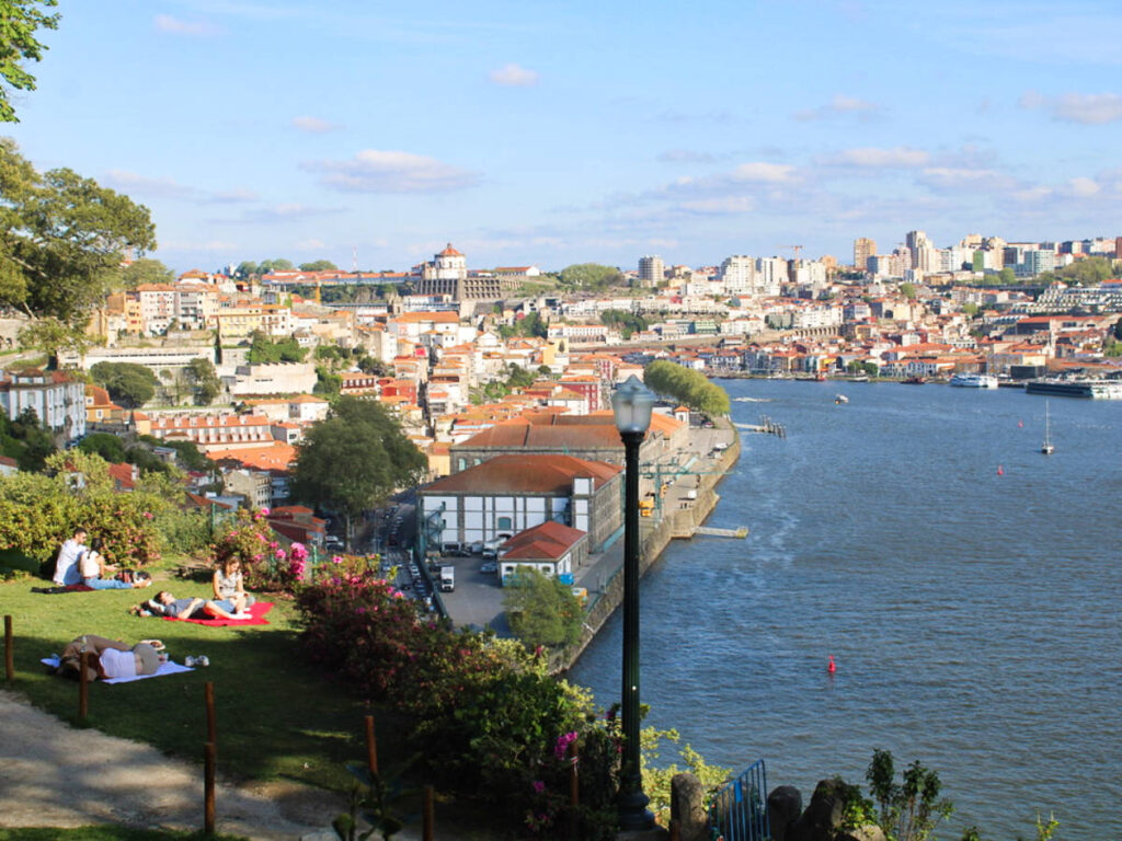 View of the people chilling on the lawn at the Jardins do Palacio de Cristal with Porto buildings view