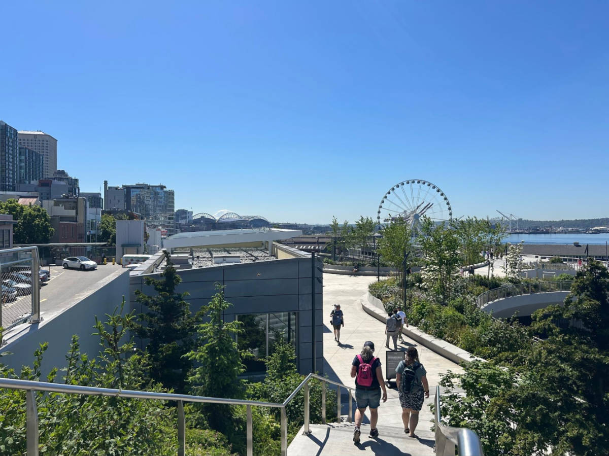 Scenic view of the downtown waterfront from the Pike Place Market Overlook Walk