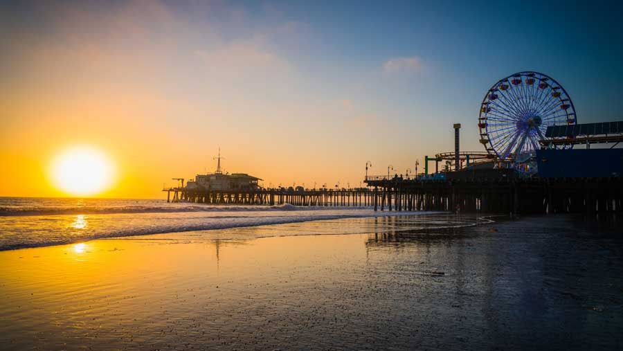 View from the Santa Monica Pier amusement park during sunset