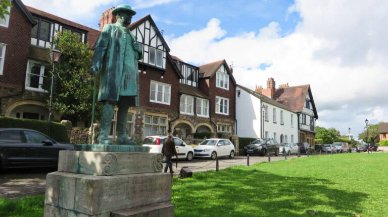 A green sculpture in front of the properties at Llandaff