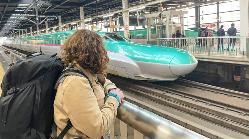 The author Ruthie Walters waiting for the Shinkansen train