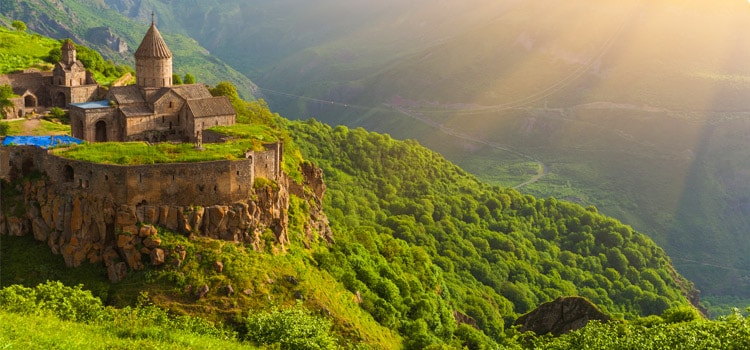 View of Tatev Monastery perched atop a mountain