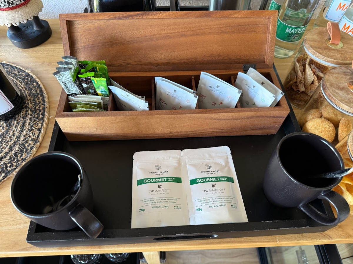 A variety of coffee and teas at the coffee station inside the room