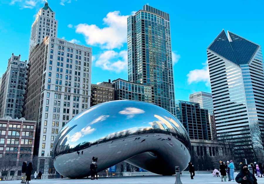 View of people and the Bean in Millennium Park
