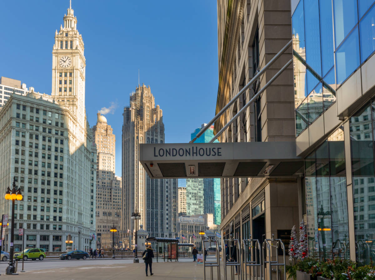 View of Wacker Drive entrance to London House in Chicago