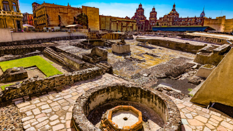 The ruins of the Templo Mayor with the Mexico City Metropolitan Cathedral in the background