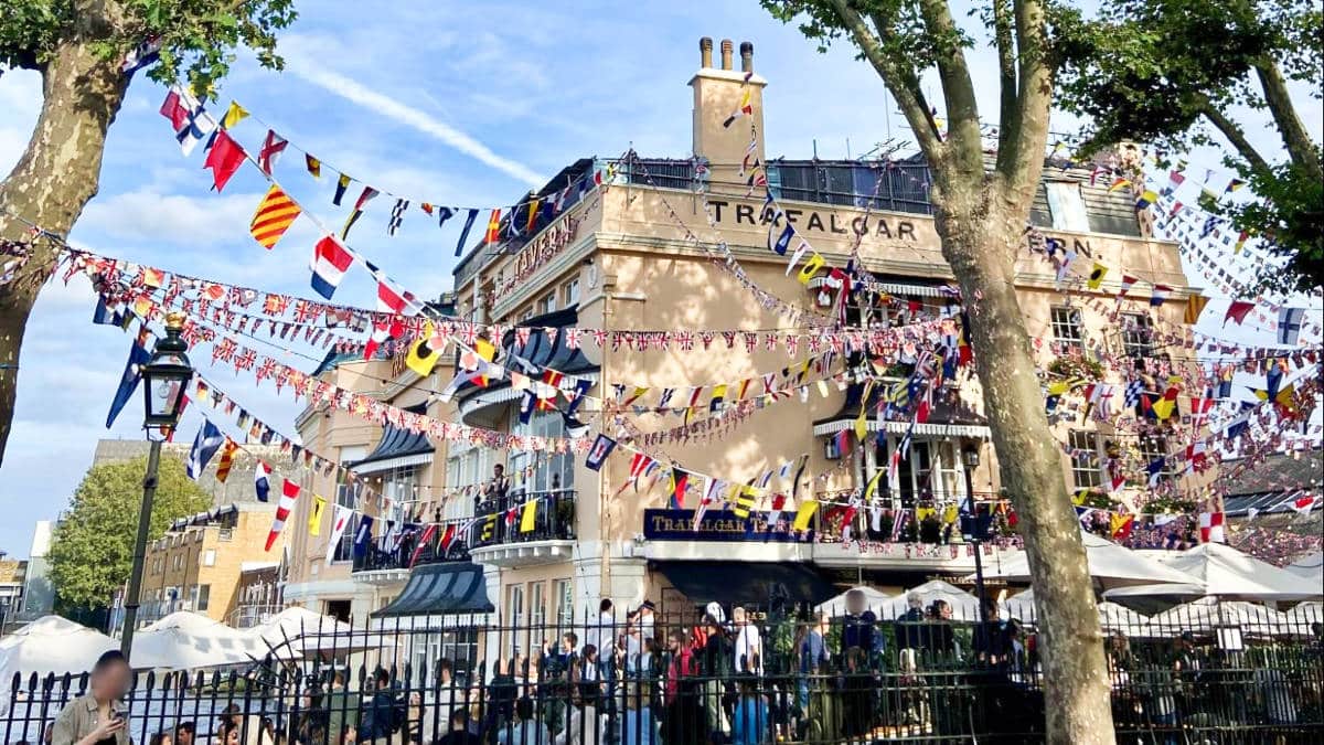 The iconic flags at the entrance of Trafalgar Tavern