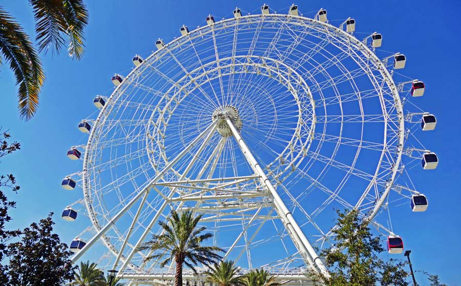 View of The Wheel at ICON Park in Orlando on a sunny day