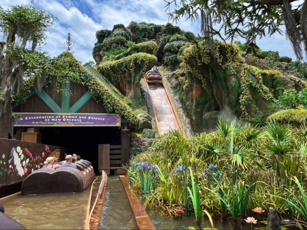 Group of people on the ride at Tiana’s Bayou Adventure