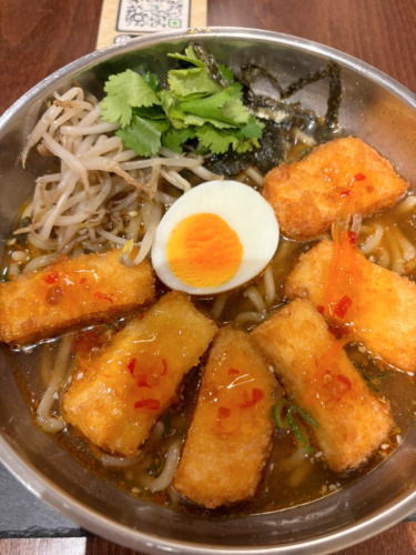 Closeup look of a bowl of tofu ramen