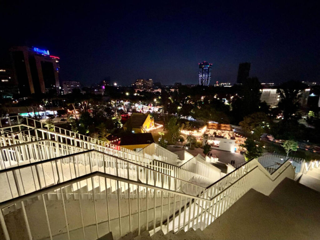 Overlooking view of the city from the Pyramid of Tirana at night