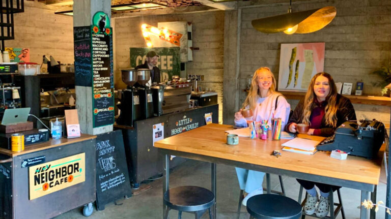 Travel Lemming Author Betty's friends enjoying a cup of coffee at Hey Neighbor Cafe