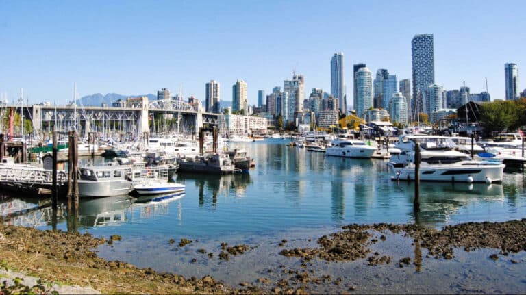 View of the boats, Burrard St. Bridge and the downtown Vancouver Neighborhood