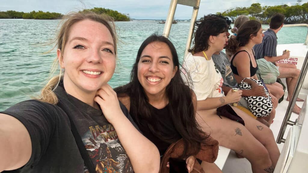 The author Vanessa Ramos with Travel Lemming's Taylor on a Bioluminescent Bay boat tour