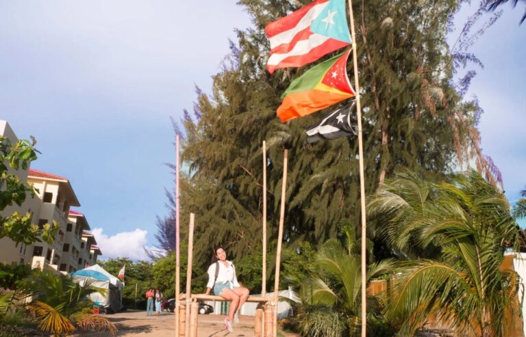 The author, Vanessa Ramos sitting on a bamboo with different flags on her side