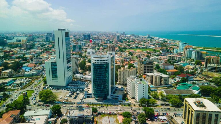 Aerial view of the buildings near the marina at Victoria Island