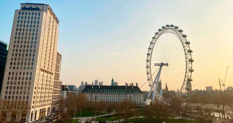 Overlooking view of the London Eye in London during sunset