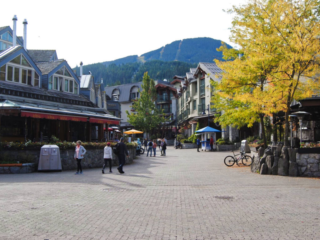 The people wandering at the Village Stroll surrounded by shops and restaurants