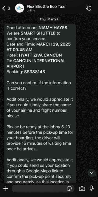 Screenshot of the WhatsApp message from Flex shuttle eco taxi