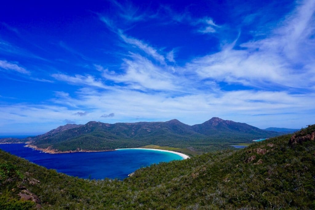 Aerial view of the deep blue water surrounded by greenery in Wineglass Bay