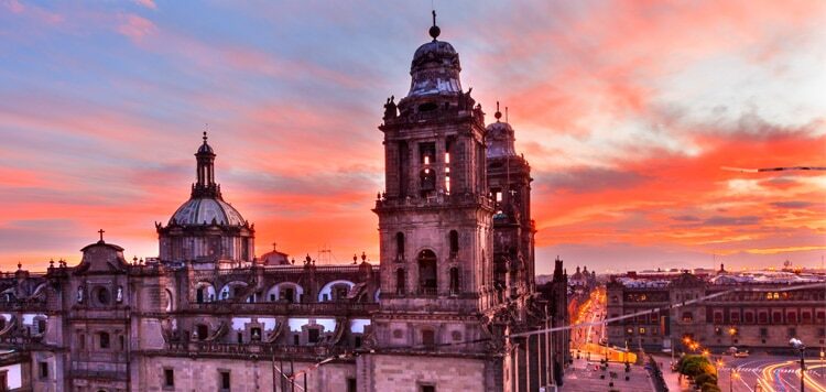 Scenic sunset views over the Zocalo in Mexico City